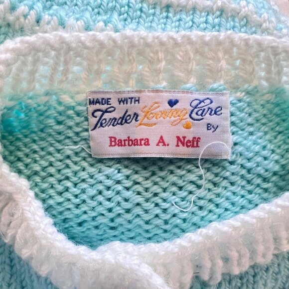 Vintage 60s Hand Knit Crochet Sweater Cardigan Mint Green Kids Unisex Girls 6 - Picture 7 of 7